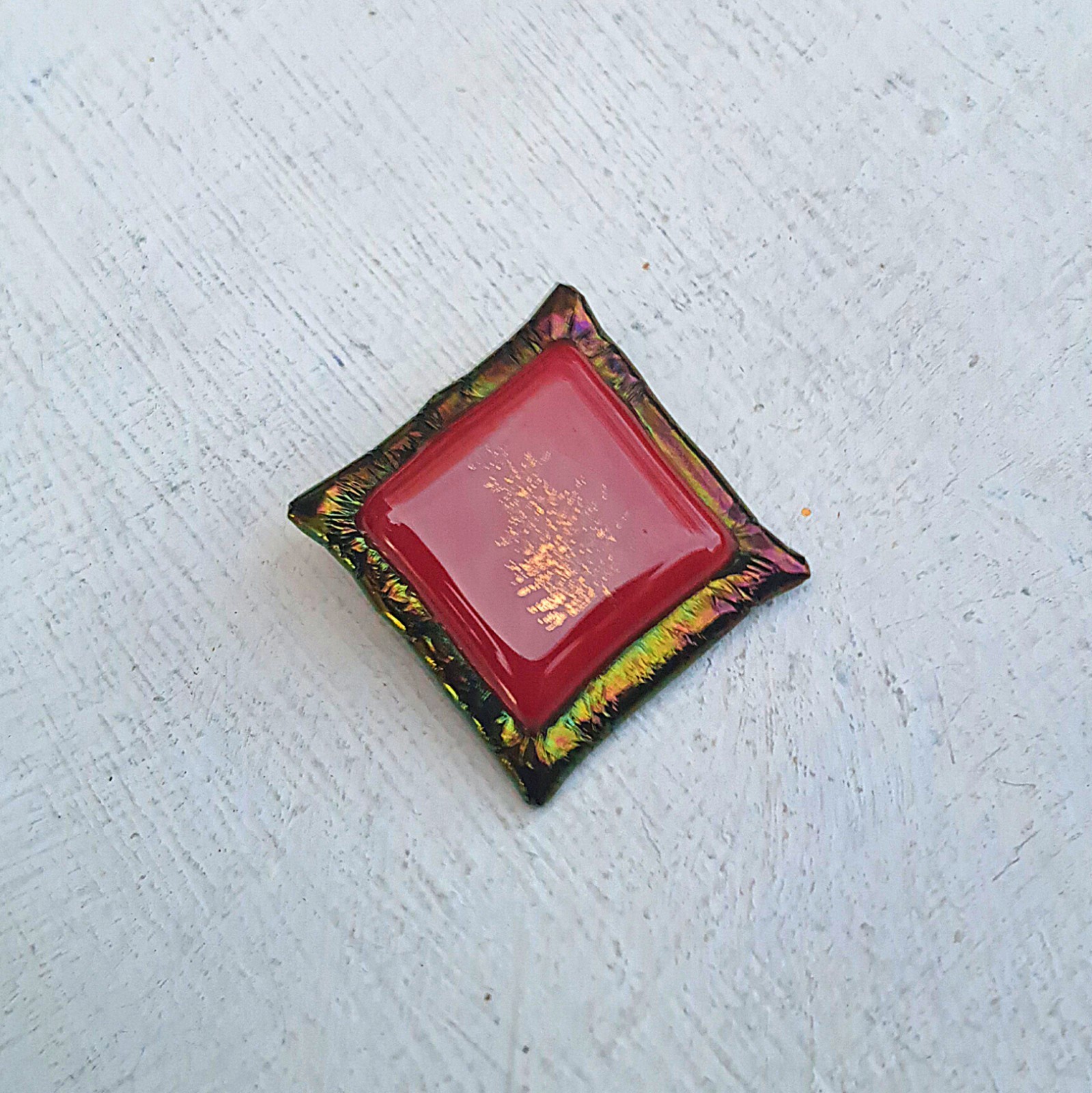 Vintage Handmade Dichroic Brooch—Nature Scene—Red Goldtone and Iridescent Green