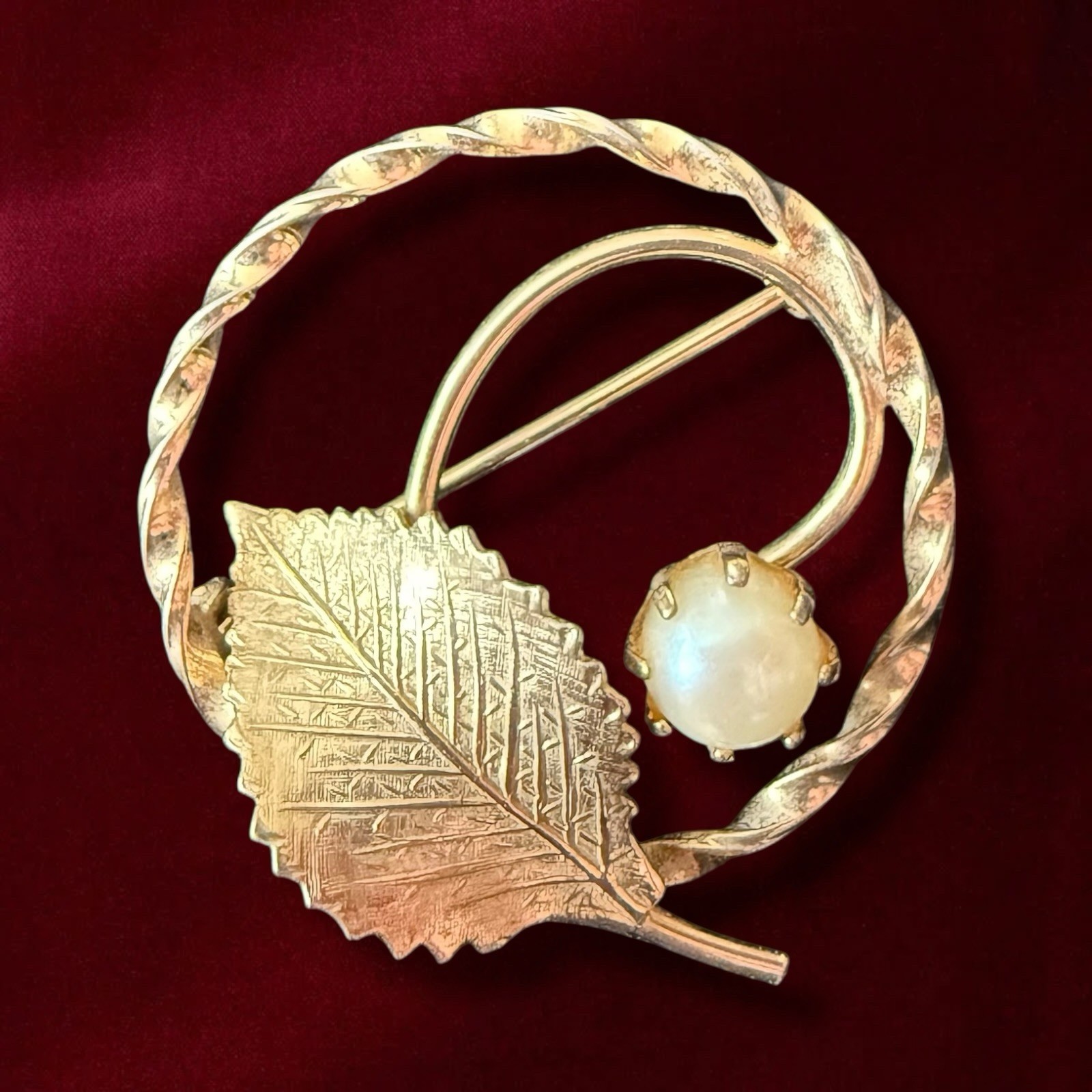 Gold Filled Leaf Brooch Cultured Pearl Pin Mid Century 1950s 12K GF Signed AC