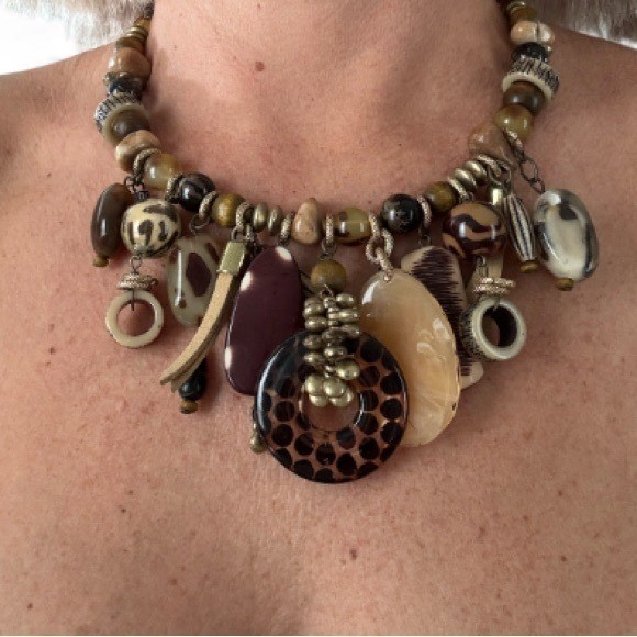 Vintage Necklace Oversized Earth Tone Wild Exotic Beaded Ovelap Choker