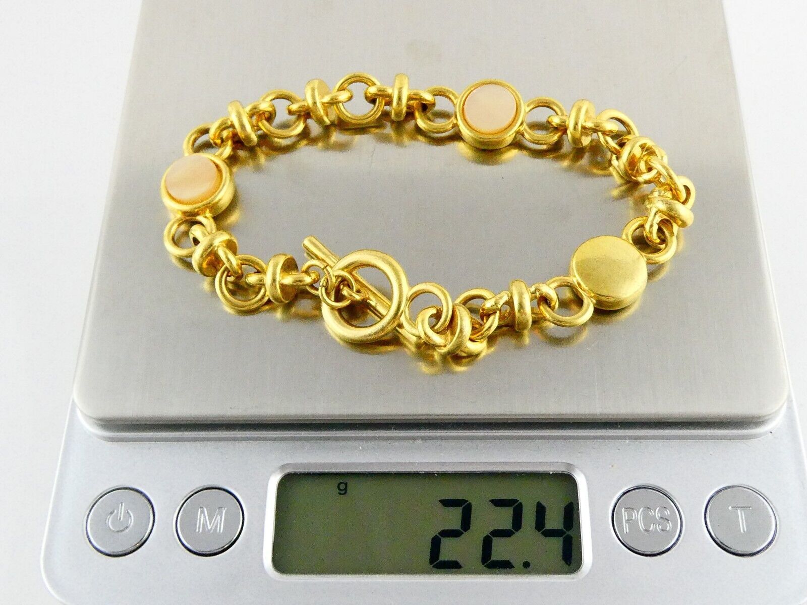 Monet Goldtone Metal and Mother of Pearl Shell Link Bracelet Toggle Clasp 7 Inch