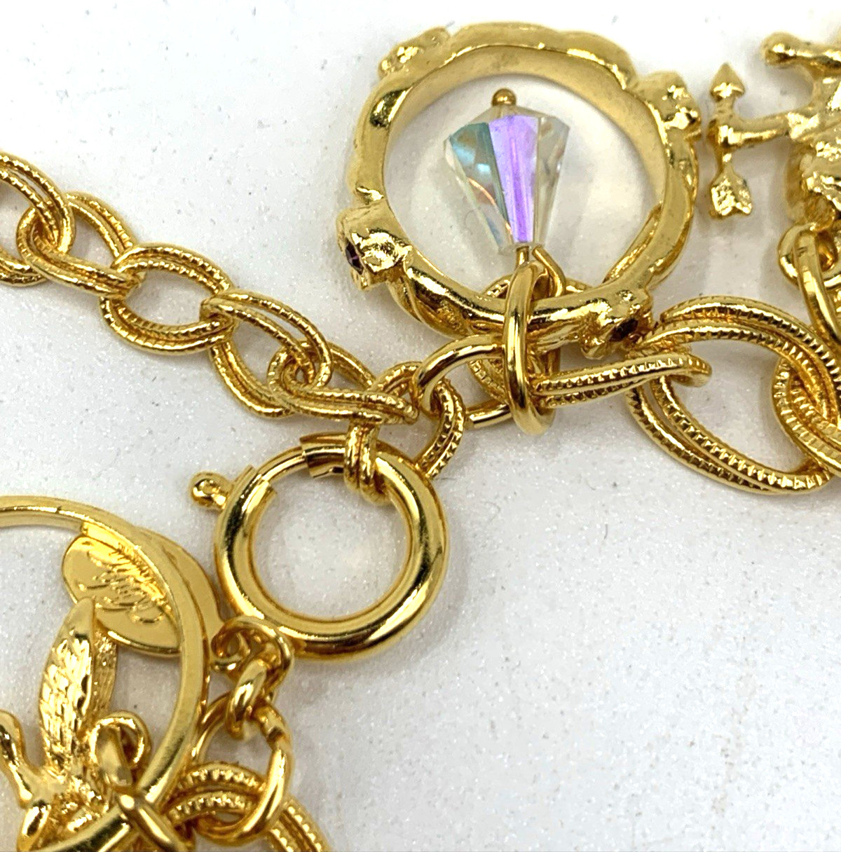 Kirks Folly Gold Tone Charm Bracelet Cupid Hearts Rings Crystals Angel