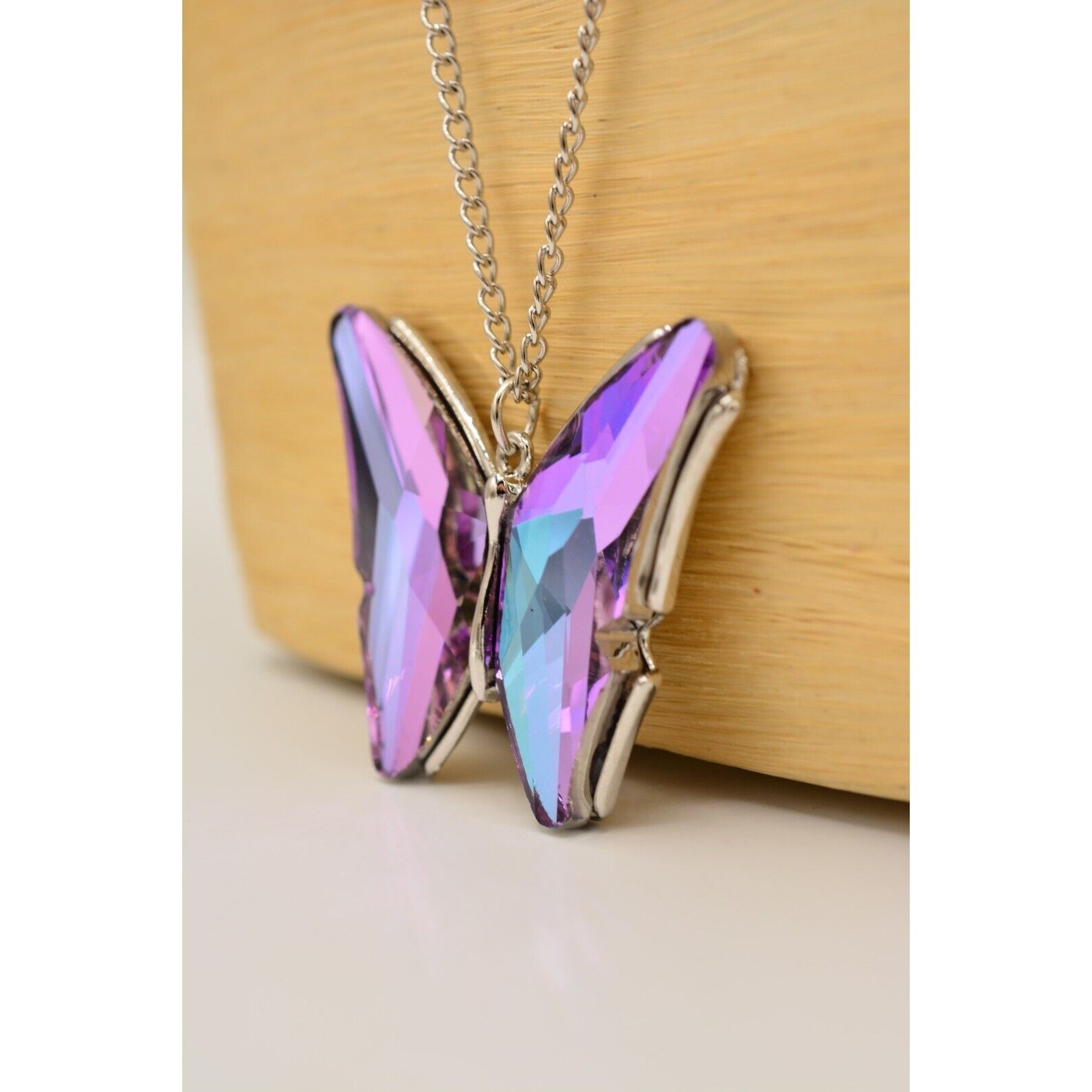 Vintage Crystal Butterfly Pendant Necklace Purple Blue Silver Chain 1990s Bin3C