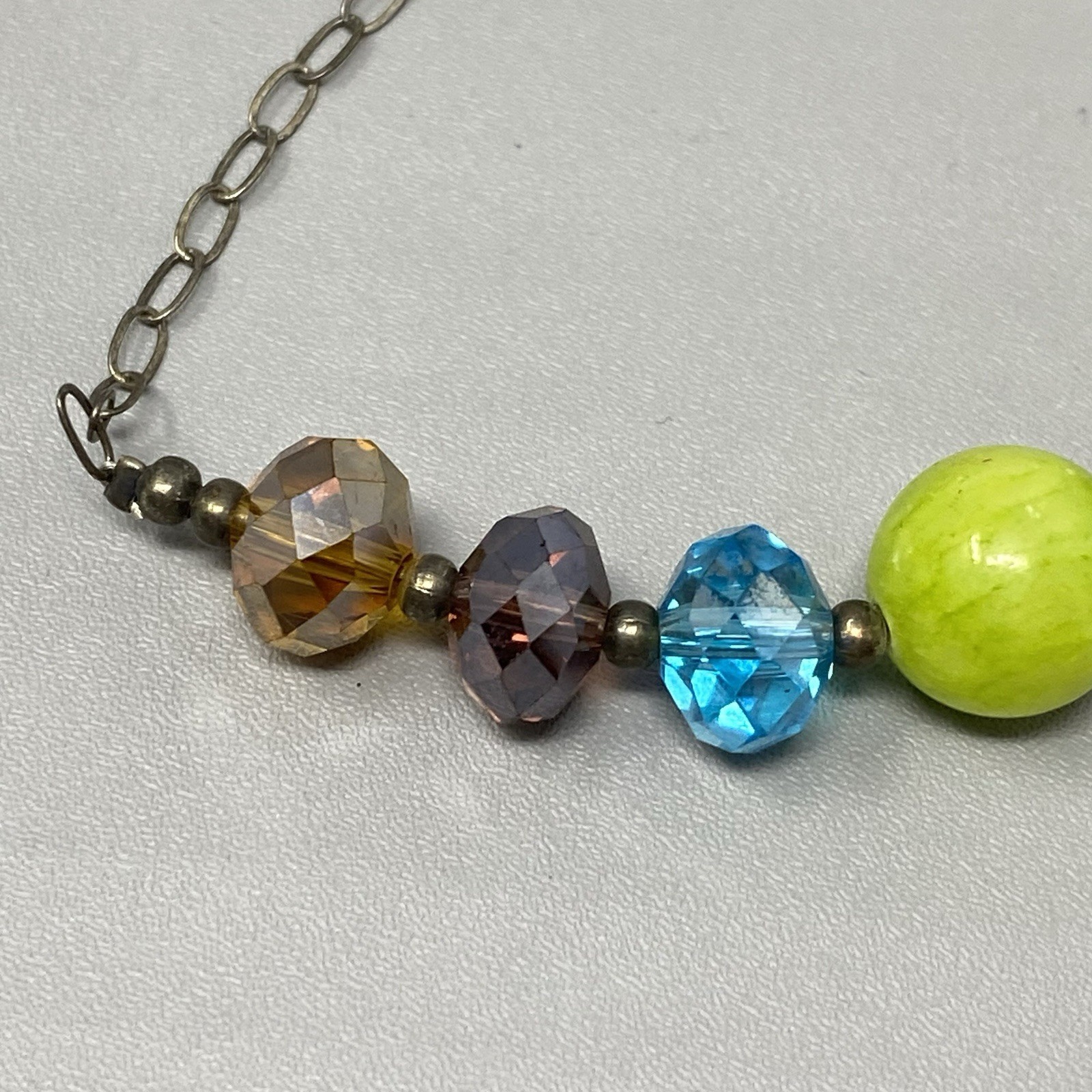 Glass Bead Bracelet Sterling Silver Chain Links Rainbow Faceted Fire Polished 7″
