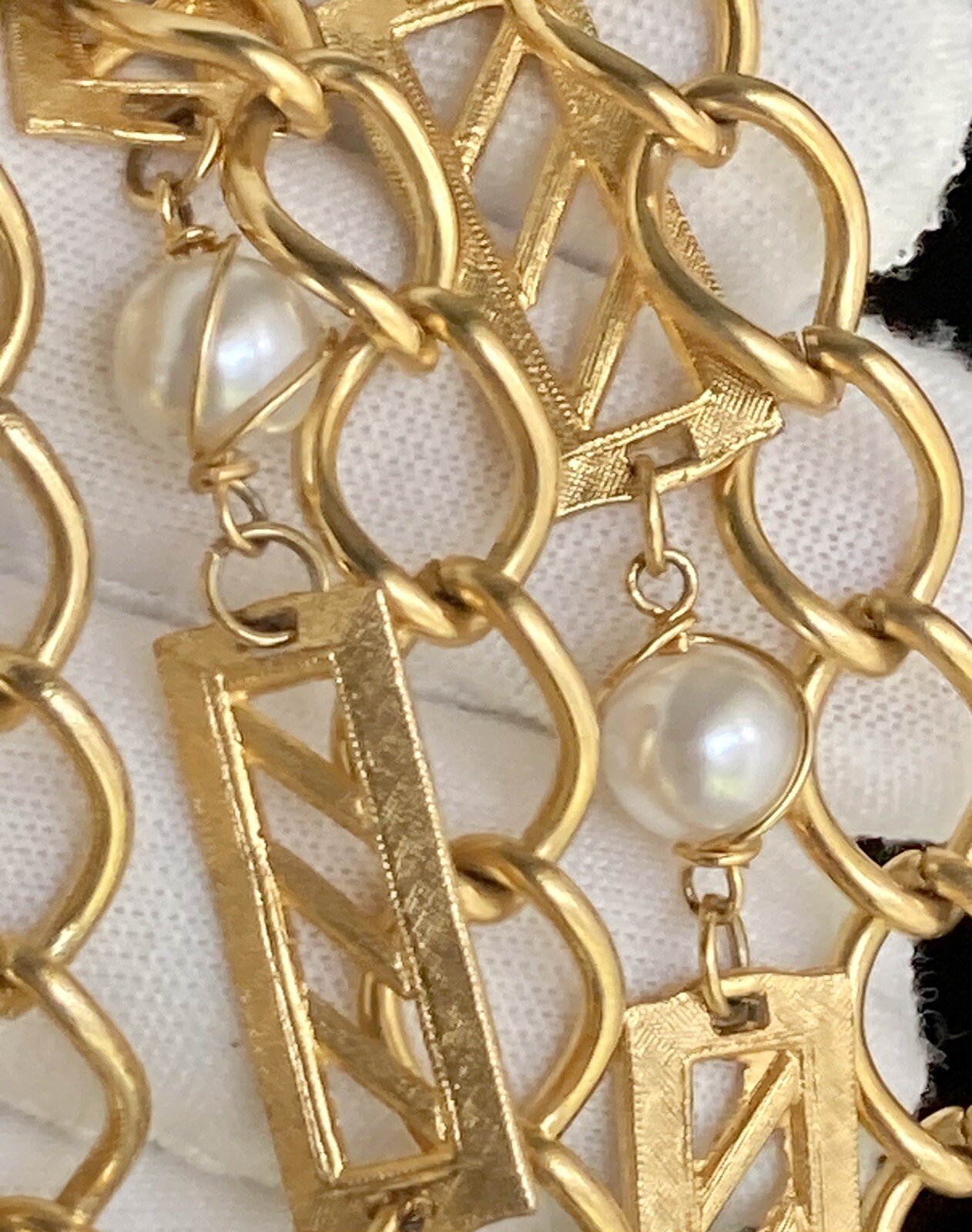 Vintage Gold Tone Bar Faux Pearl Station Oval Link Chain 52 inch Necklace 89.13g