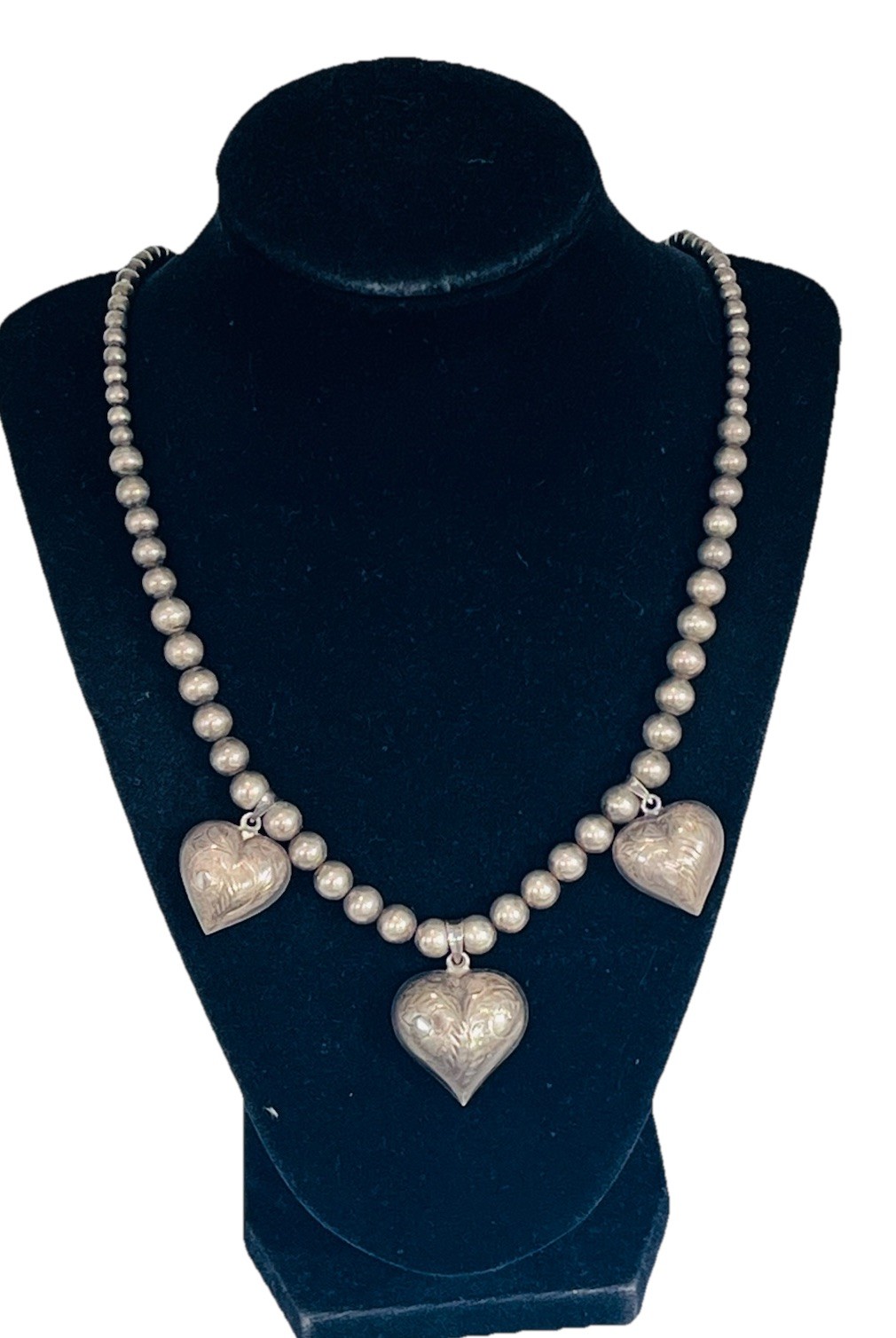 Vintage Sterling Silver Heart Charms Pendant 8MM Ball Bead Necklace 41-Grams