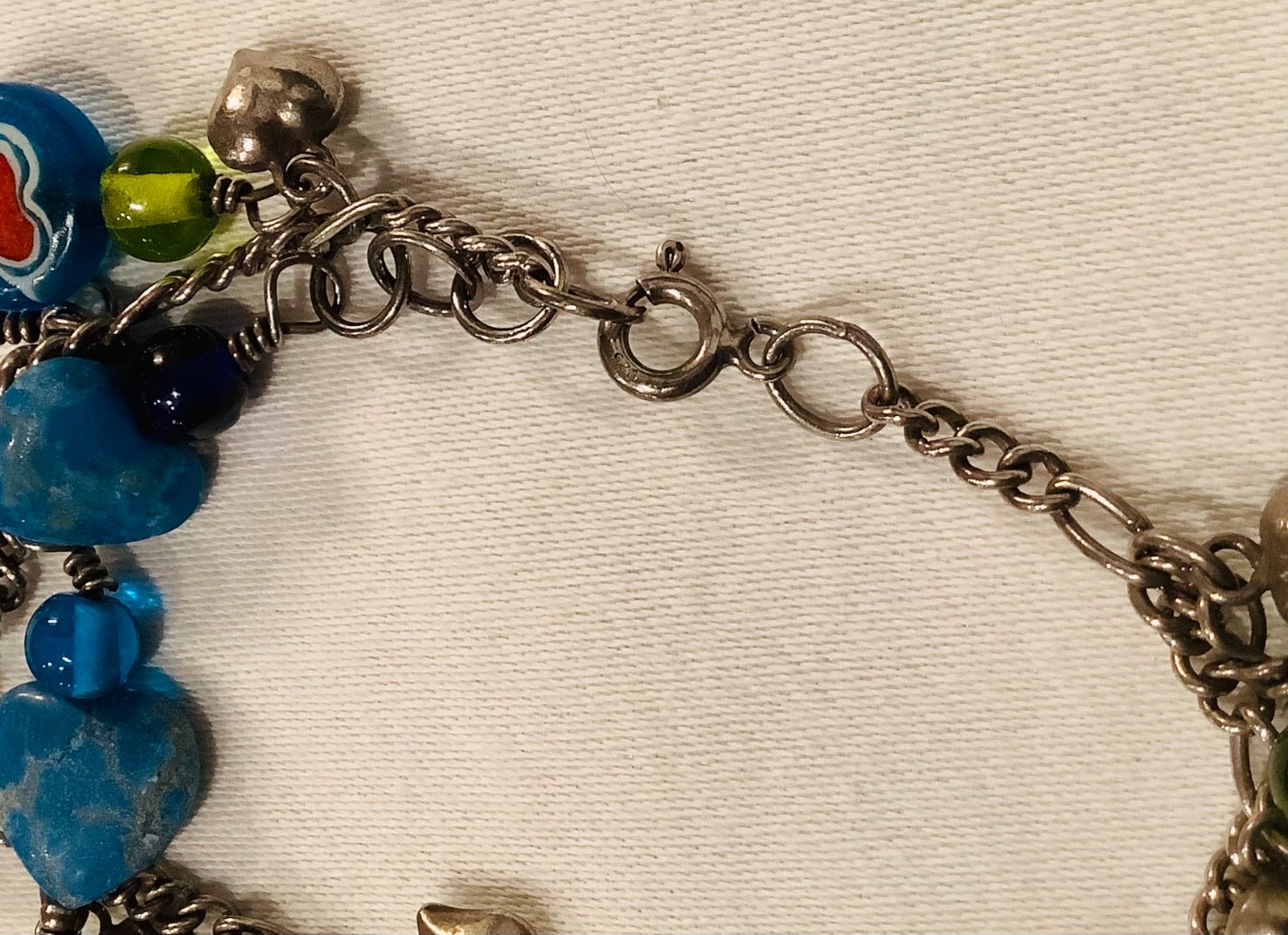 Vintage Sterling Charm Bracelet Puffed Hearts Millefiori Glass Hearts & Flowers