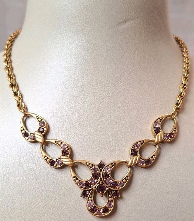 VTG Rosegold CopperTone Link Chain Necklace Princess Purple Lavender Crystals