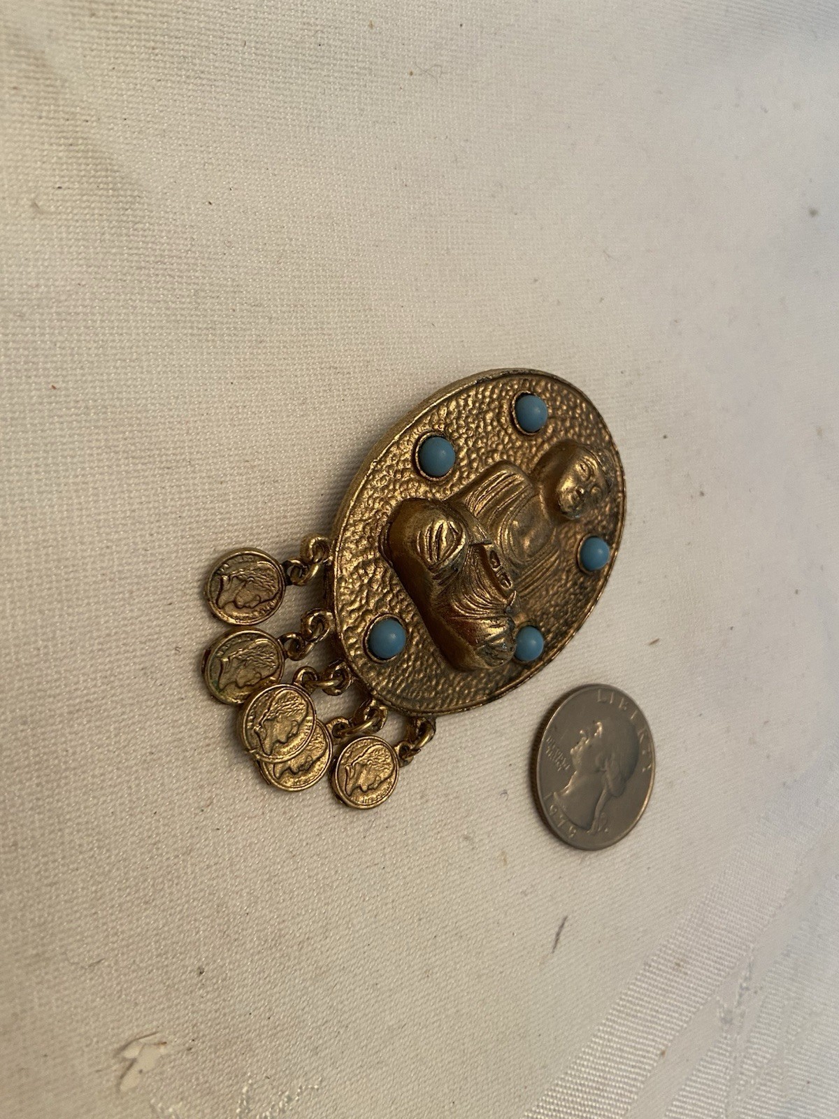 Vintage ZENTALL? Estate BUDDHA Goldtone Brooch w/Dangling Coins & Turquoise