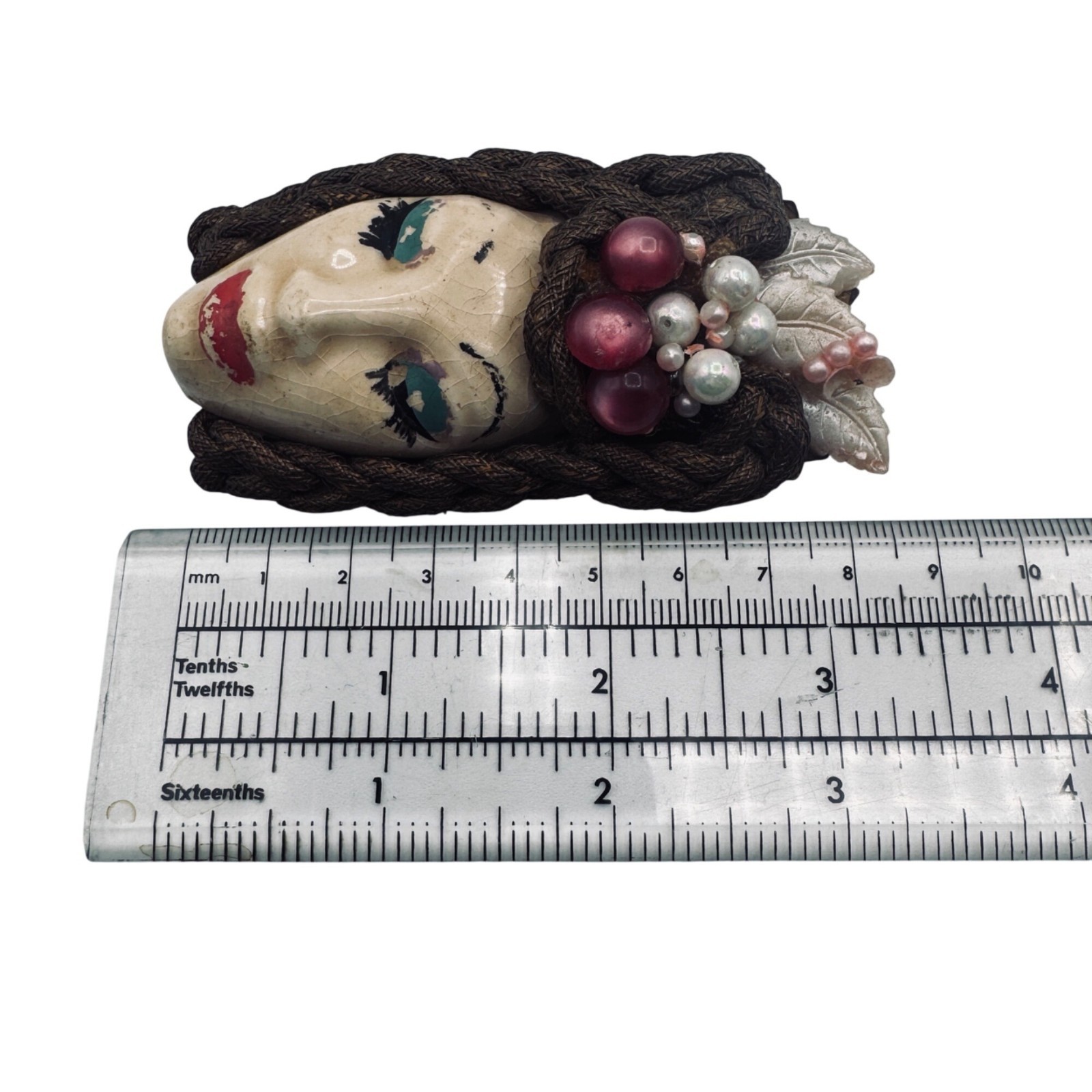 Elzac of Hollywood Victims of Fashion Ceramic Face Brooch Wood Back Vintage 1940