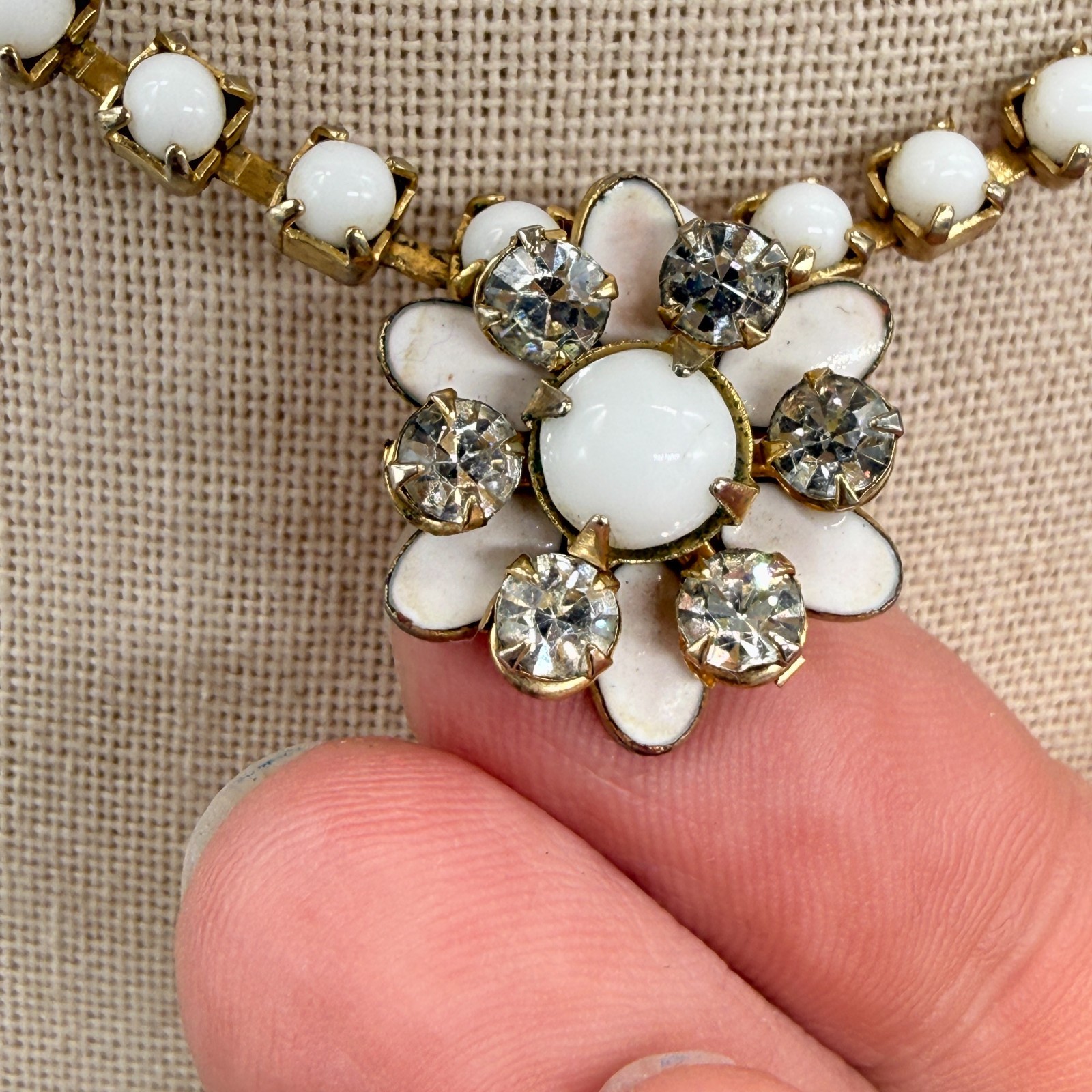 Vintage Collar Necklace Milk Glass Beaded Flower Pendants 16 Inches