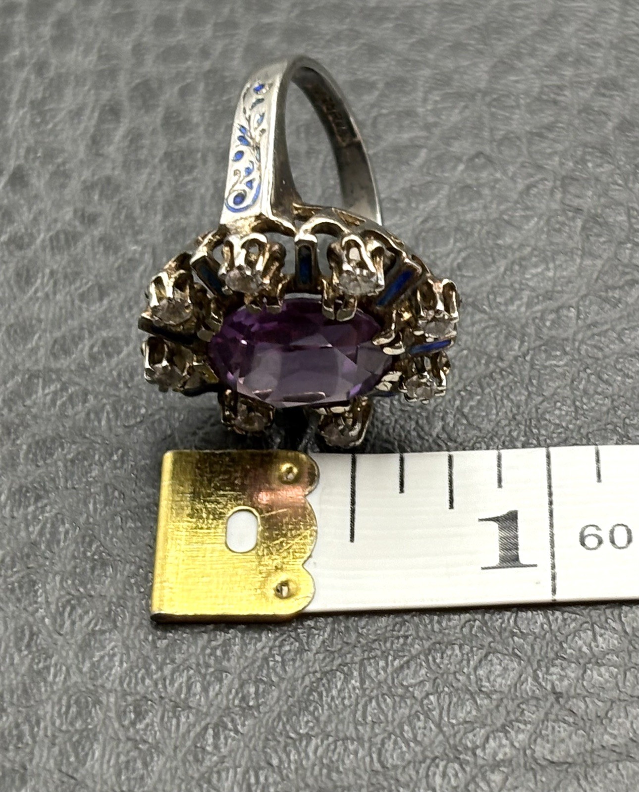 Vintage Huge Purple Sapphire Sterling Silver Blue Enamel Cocktail Ring Size 5.5