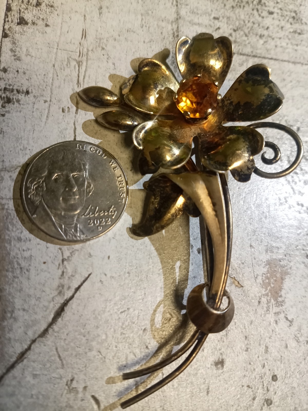 Gold Over Sterling Silver 1930’s-1950’s Broach Pin With Orange Unknown Gemstone!