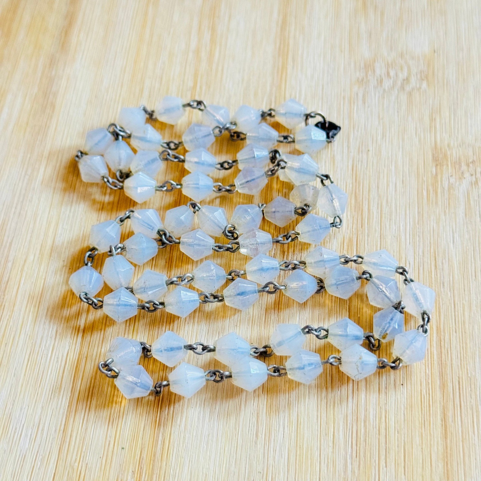 VTG Italian opalite glass faceted bicone beads Necklace Art Deco Italy 32″