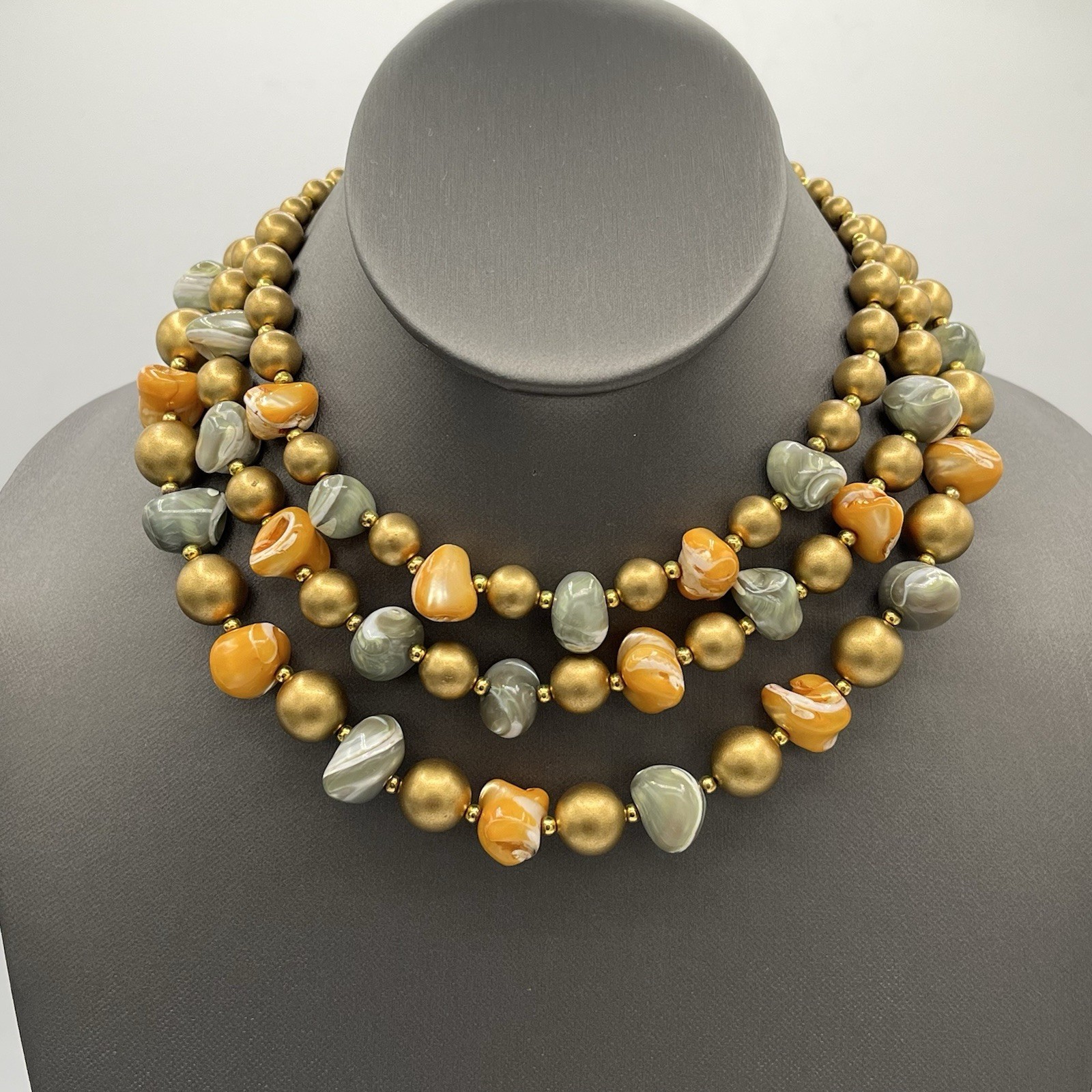 Stunning Vintage 3-Strand Orange Gray Bronze Beads 13” Choker