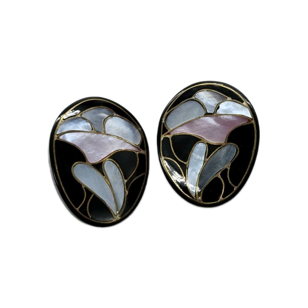 Lee Sands Abalone Flower Floral Black Multicolored Pierced Earrings 1.5 in