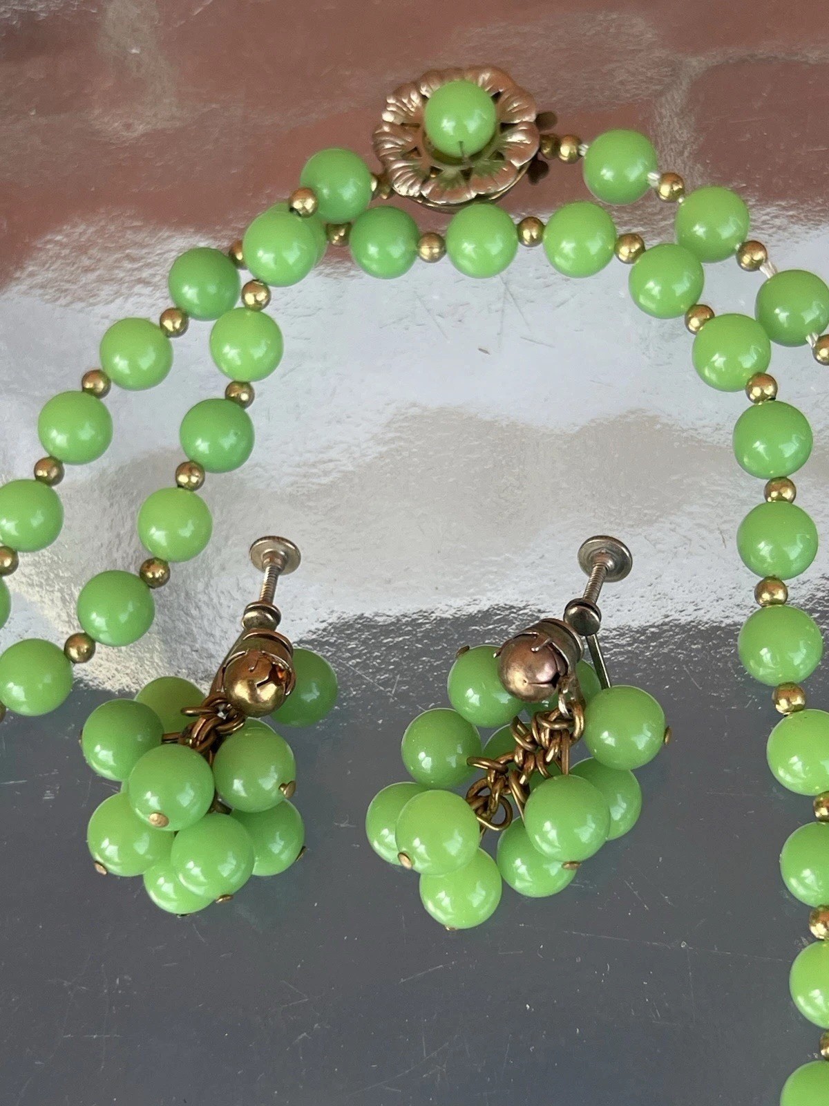 MCM Lime Green & Gold Bead Necklace with Matching Clip On Earrings Vintage Set