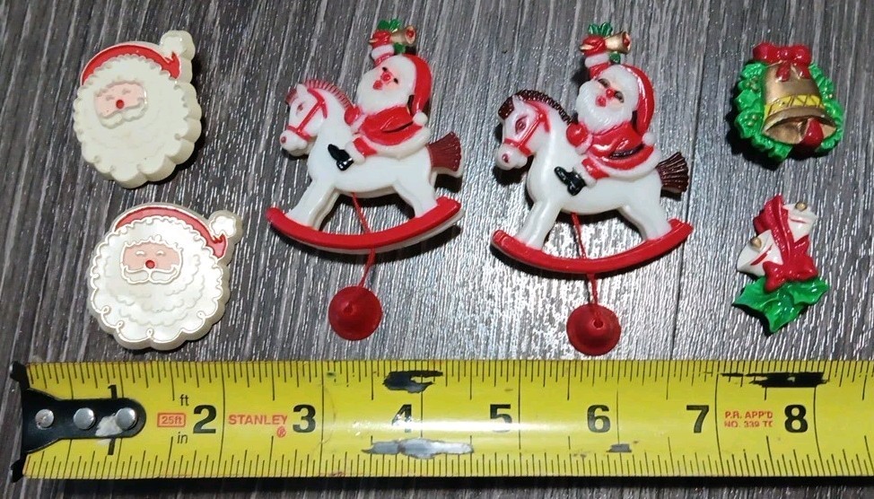 Vtg Christmas Pin Manual Pull String Plastic Santa Riding Rocking Horse MOVES