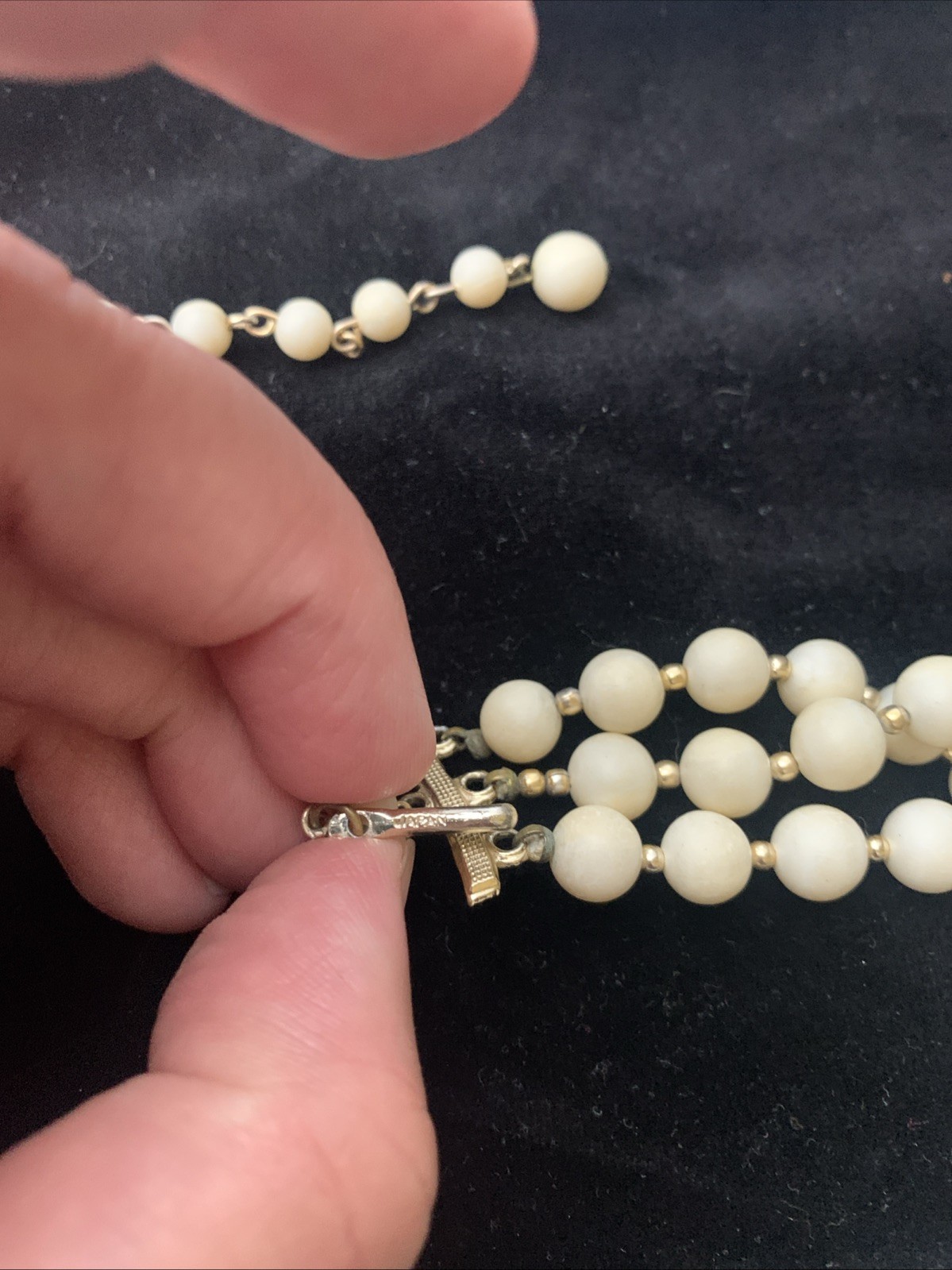 MCM Costume Graduated Three Strand Necklace Ivory Gold and Black Aurora Beads