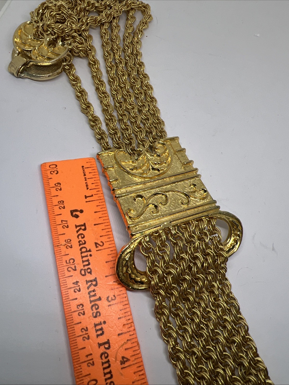French Couture Gold Plate Etruscan Lariat Statement Necklace