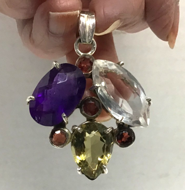 Sterling Silver Multicolor Precious Gemstone Vintage Pendant