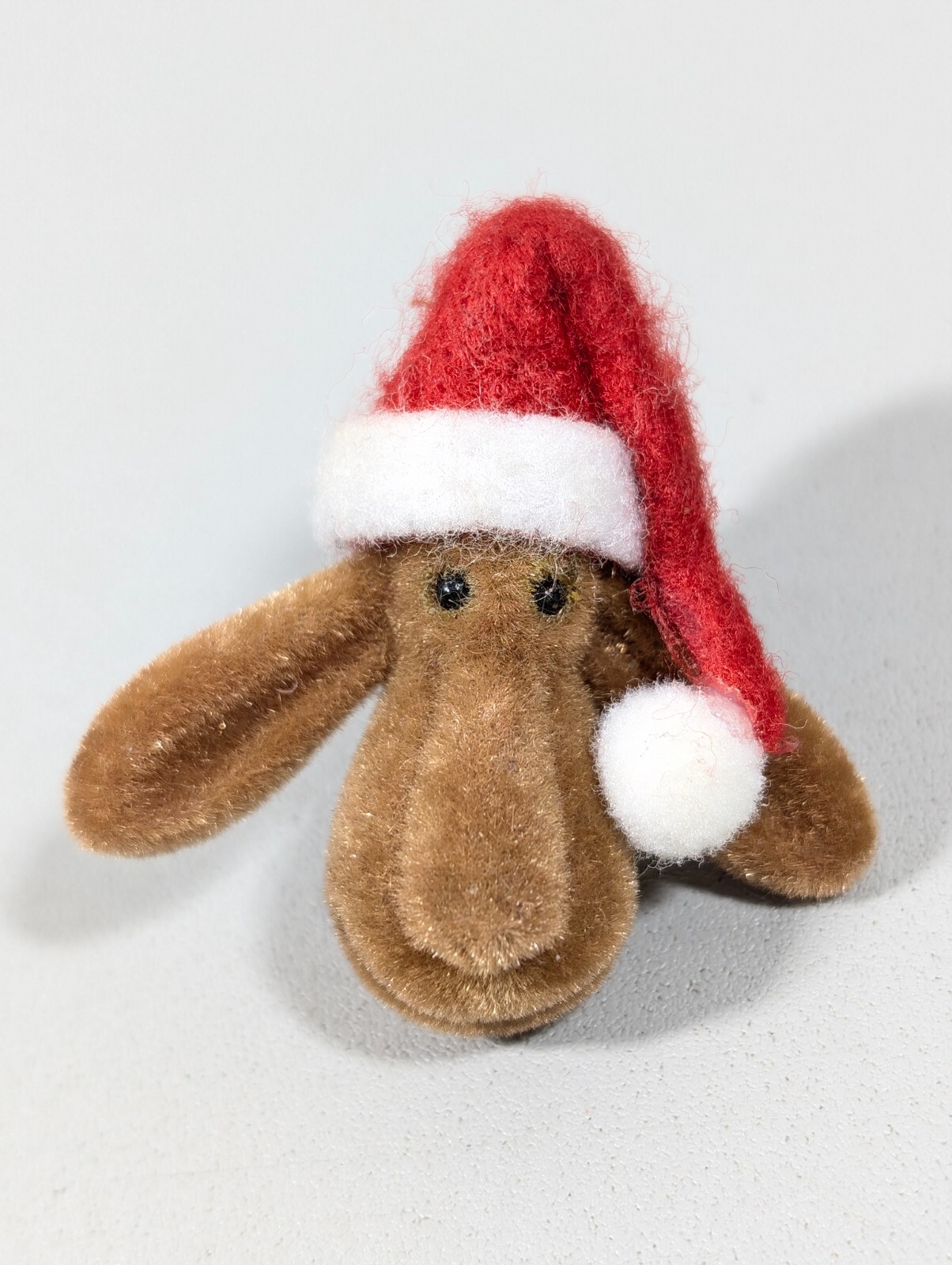 Vintage Fuzzy Christmas Reindeer Pin Brown Red Santa Hat 3D