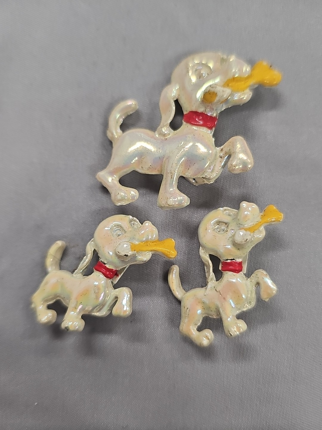 Vintage Enamel Scatter Pins Puppy Dogs With Yellow Bone Brooch