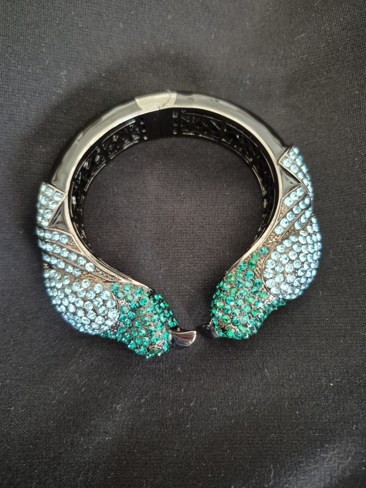 BLACK ENAMEL BLUE GREEN PAVE RHINESTONE PARROT BIRD BRACELET SIGNED