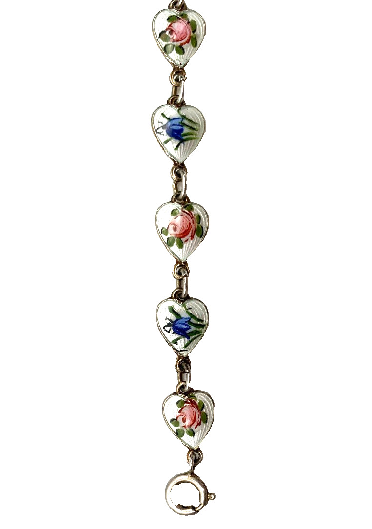 Vtg Finn Jensen Guilloche Enamel Hearts Roses and Bell Flowers Bracelet & Ring