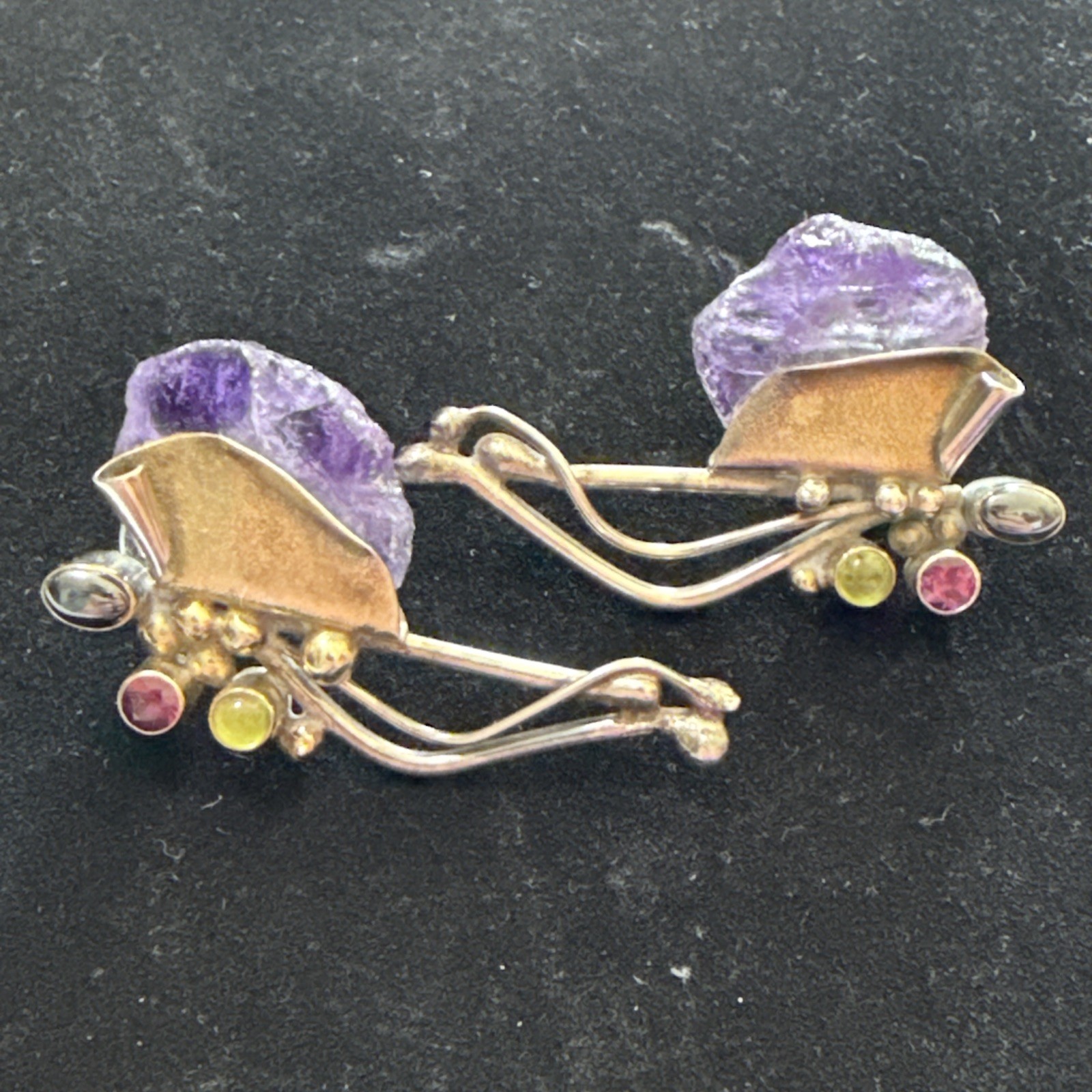 Vintage Artisan Amethyst Geode Sterling Silver Pierced Earrings