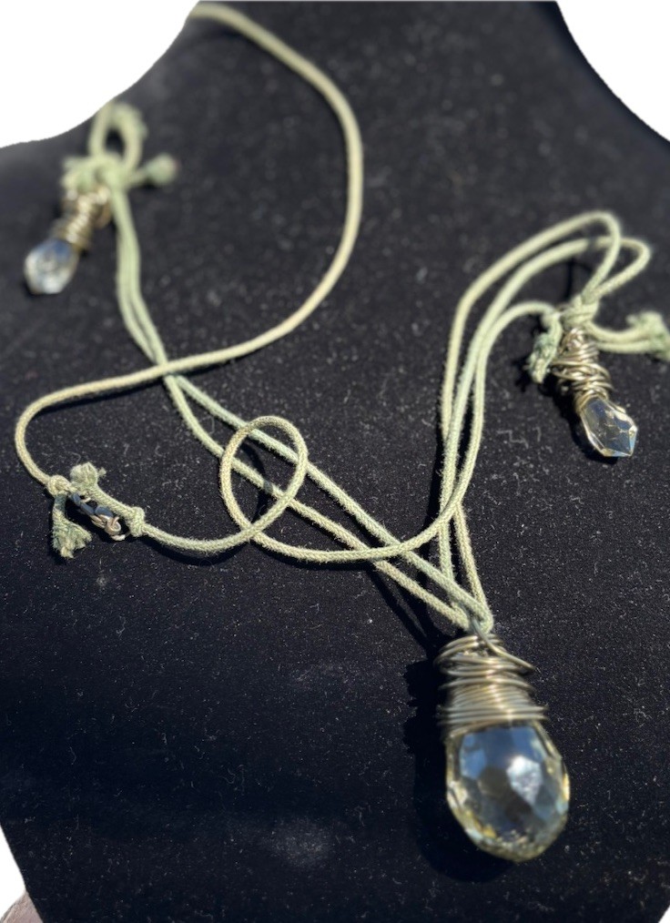 26” Long Acrylic Crystal On Sage Green Cord Boho Hippie Layering Festivals