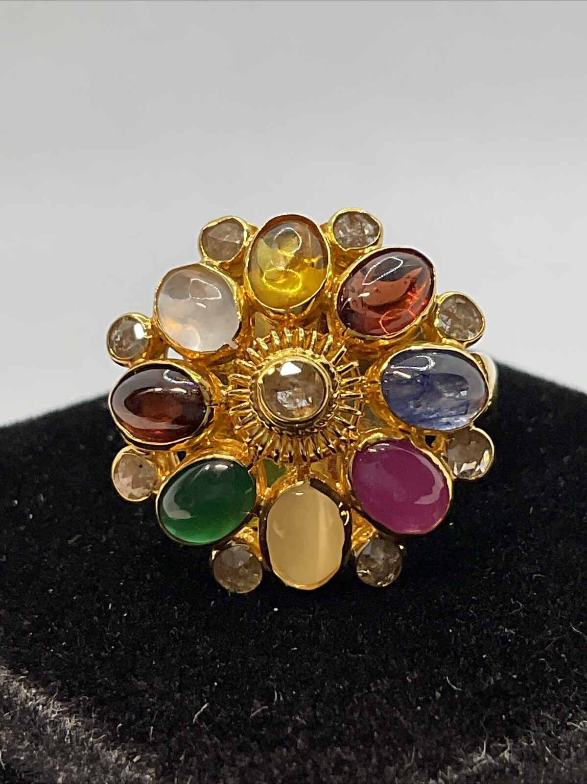 VINTAGE HANDMADE Solid 18K (750) Multicolor Gemstones & Rose Cut Diamonds Ring