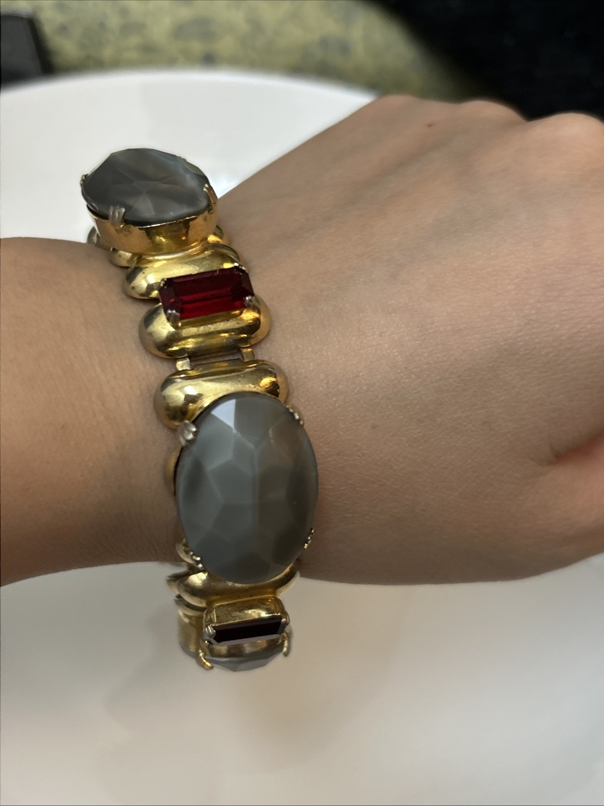 Juliana Delizza & Elster Grey And Red Rhinestone Bracelet Gold Tone Metal