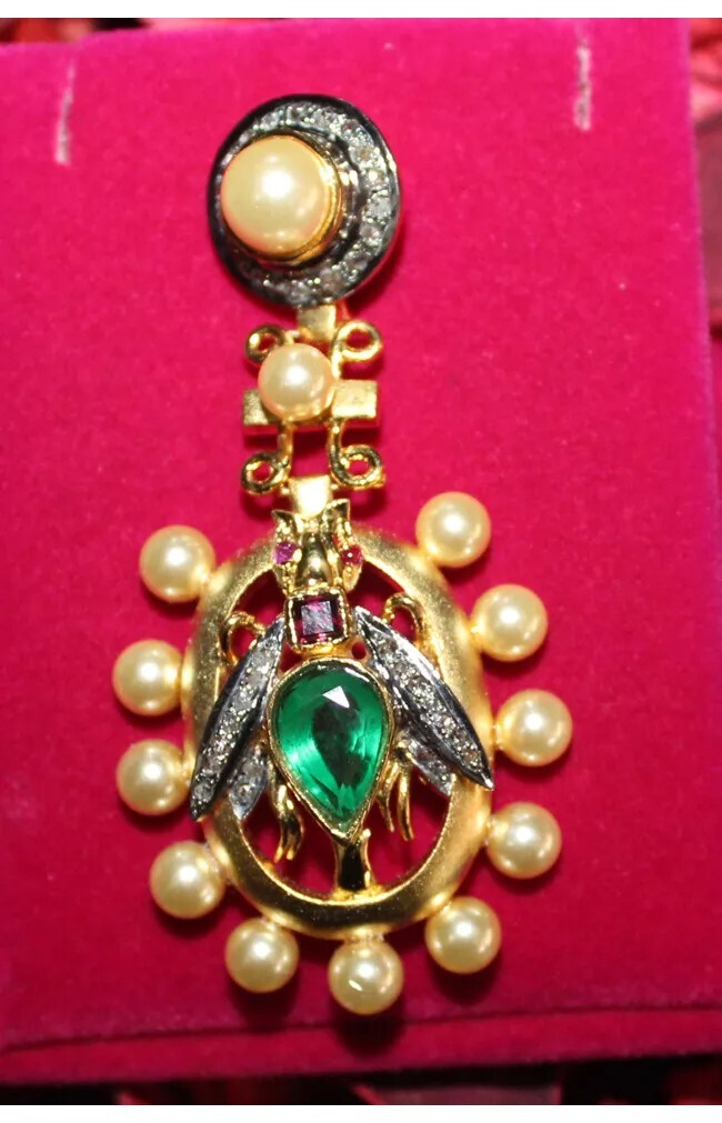 0.78ct Rose Cut Diamond 925 Silver Pearl Emerald Ruby Anniversary Pendant