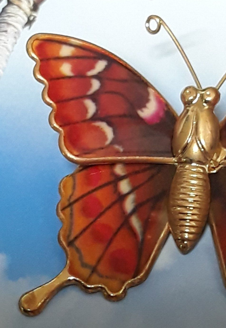 Vintage Brooch Butterfly of Red Orange and Cream Resin on Gold Tone Setting