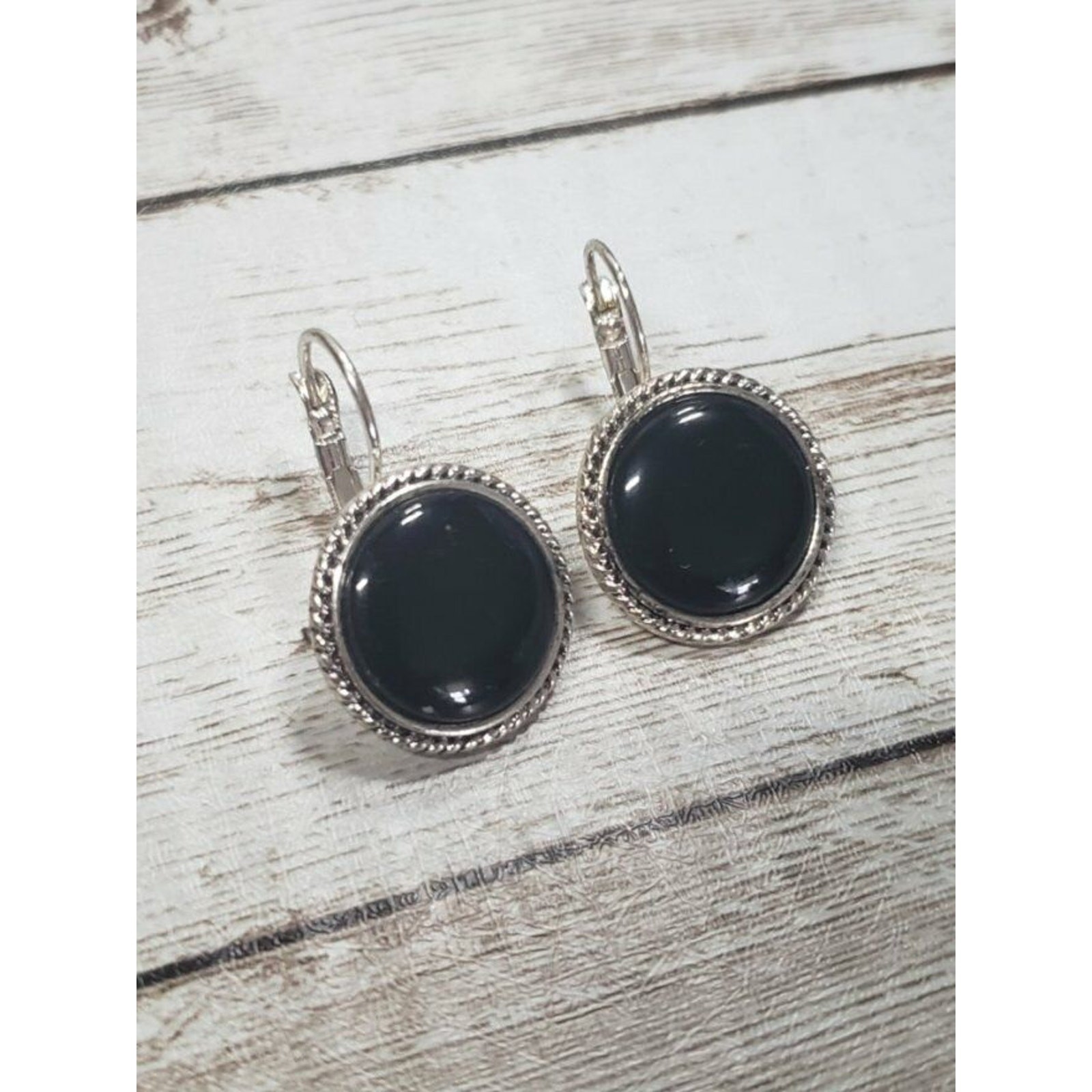 Vintage Clip On Earrings – Circle Black with Silver Tone Halo 3/4″