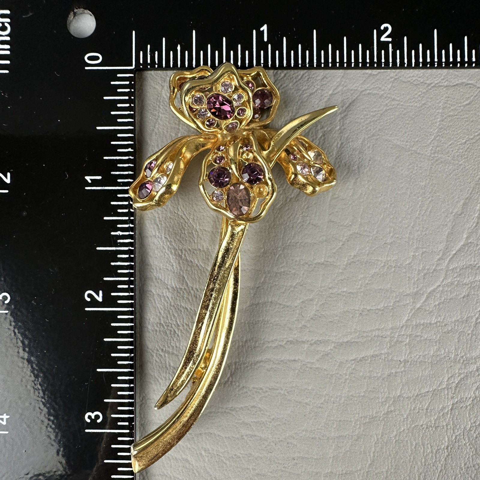 Vintage Flower Brooch Gold Tone Orchid Iris Purple Rhinestones 3.25″