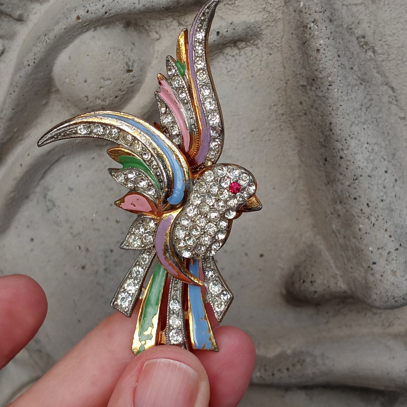 Vtg Coro? Clear Red Rhinestone Pink Blue Enameled Green Paradise Bird Brooch Pin