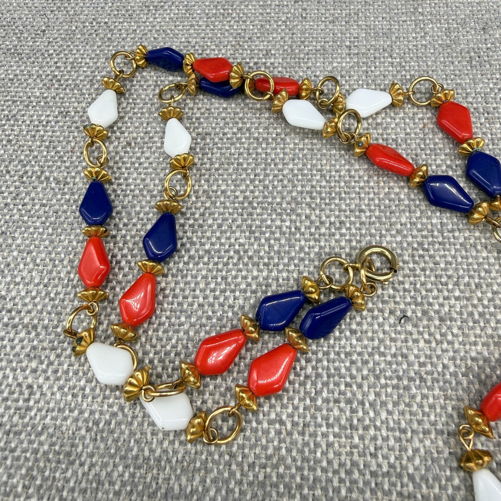 Vintage Necklace Tassel Dangles Red Blue White Acrylic Beads Retro 24 Inches