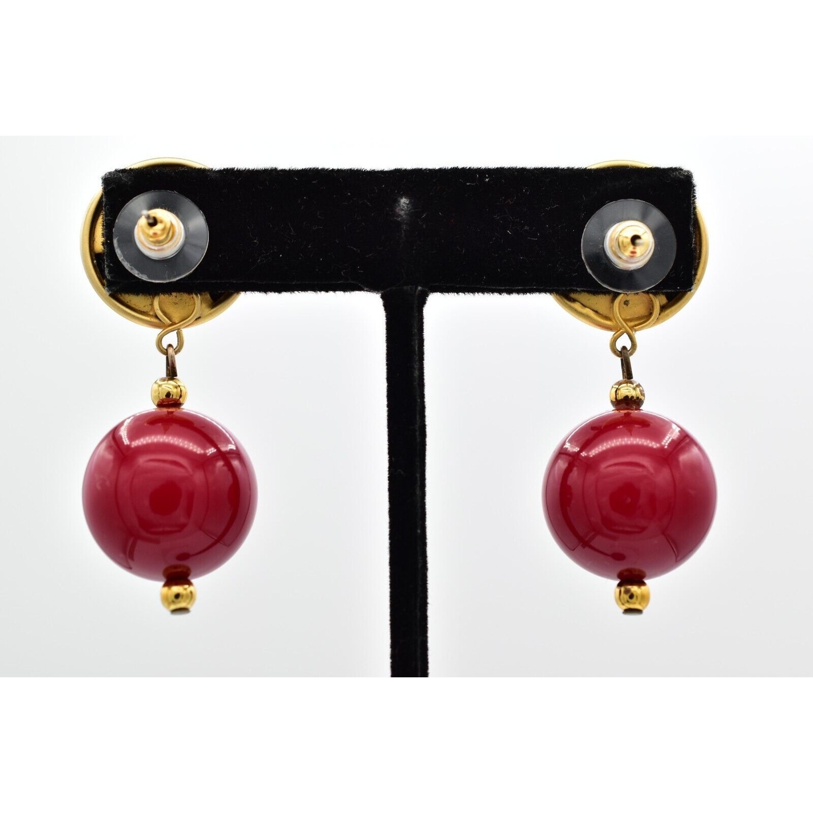 Vintage Dangle Beaded Earrings Chunky Drop Brushed Gold Red Retro 1980s BinBF