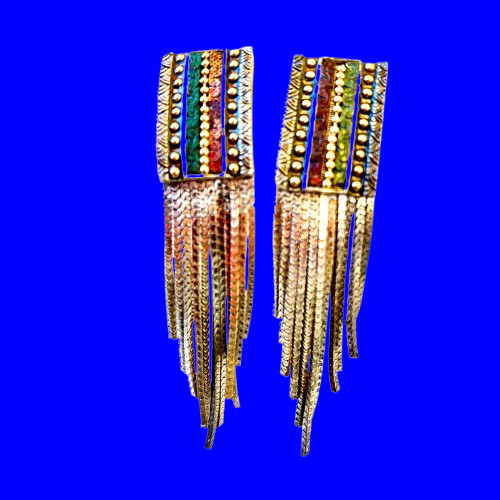 Vintage Turkish Metal Earrings Chain Fringe Dangle Tri-color CLIP-ON
