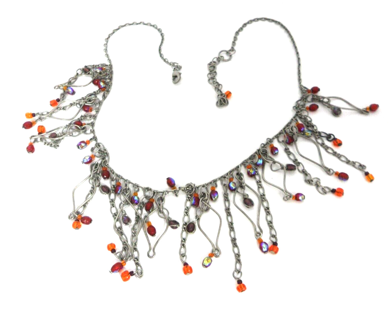 Beaded Bib Necklace Figaro Chain Fringe Marquise Shaped Wire Motifs Gypsy Boho