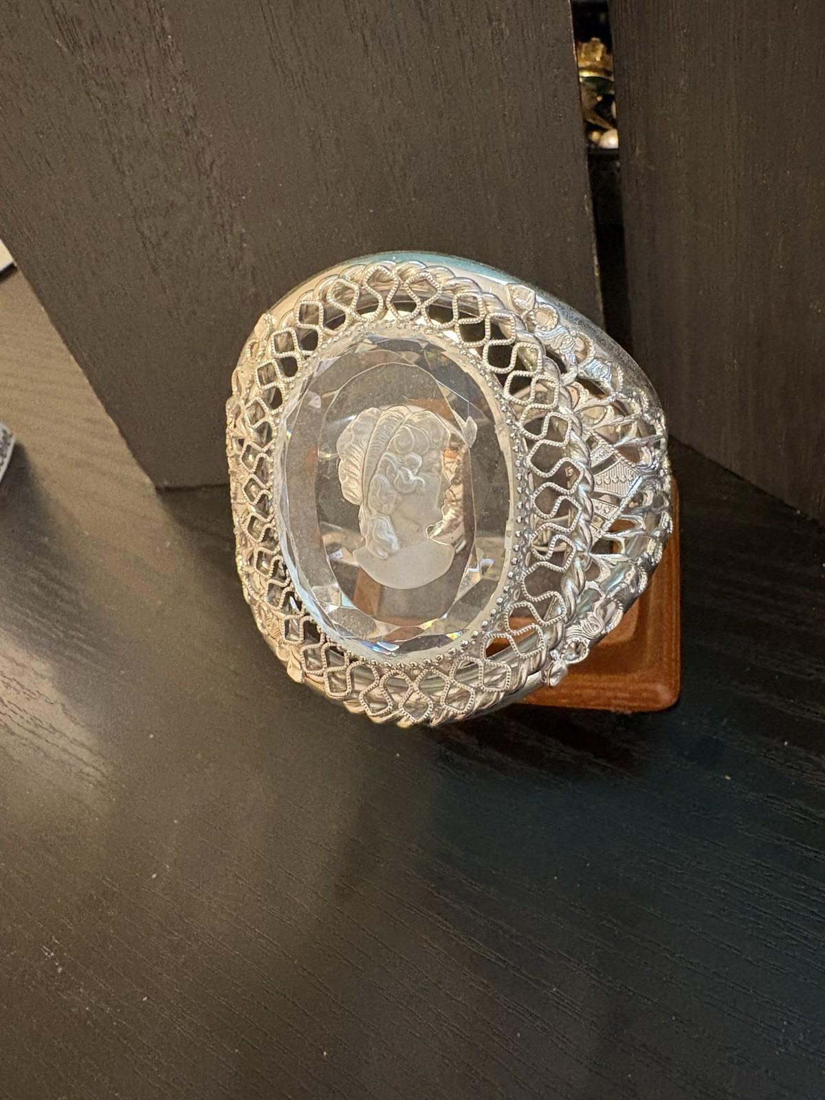 Whiting & Davis massive cuff bracelet clear cut cameo silver tone sz 6.5 vintage