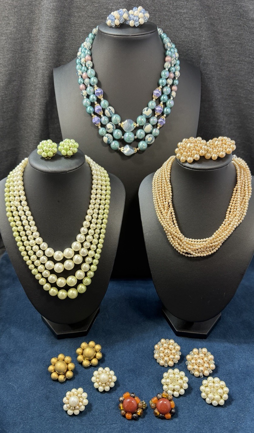 Vintage MCM All Japan Beaded Jewelry Lot Necklaces Earrings 19 PCS Multi Strand