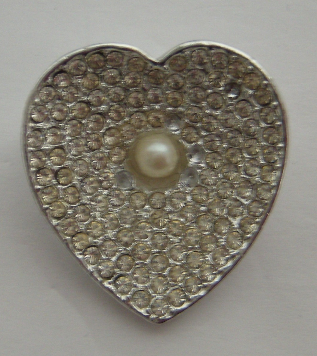 Vintage Silver Tone Pave Rhinestone Heart Brooch with Faux Pearl Center Pin