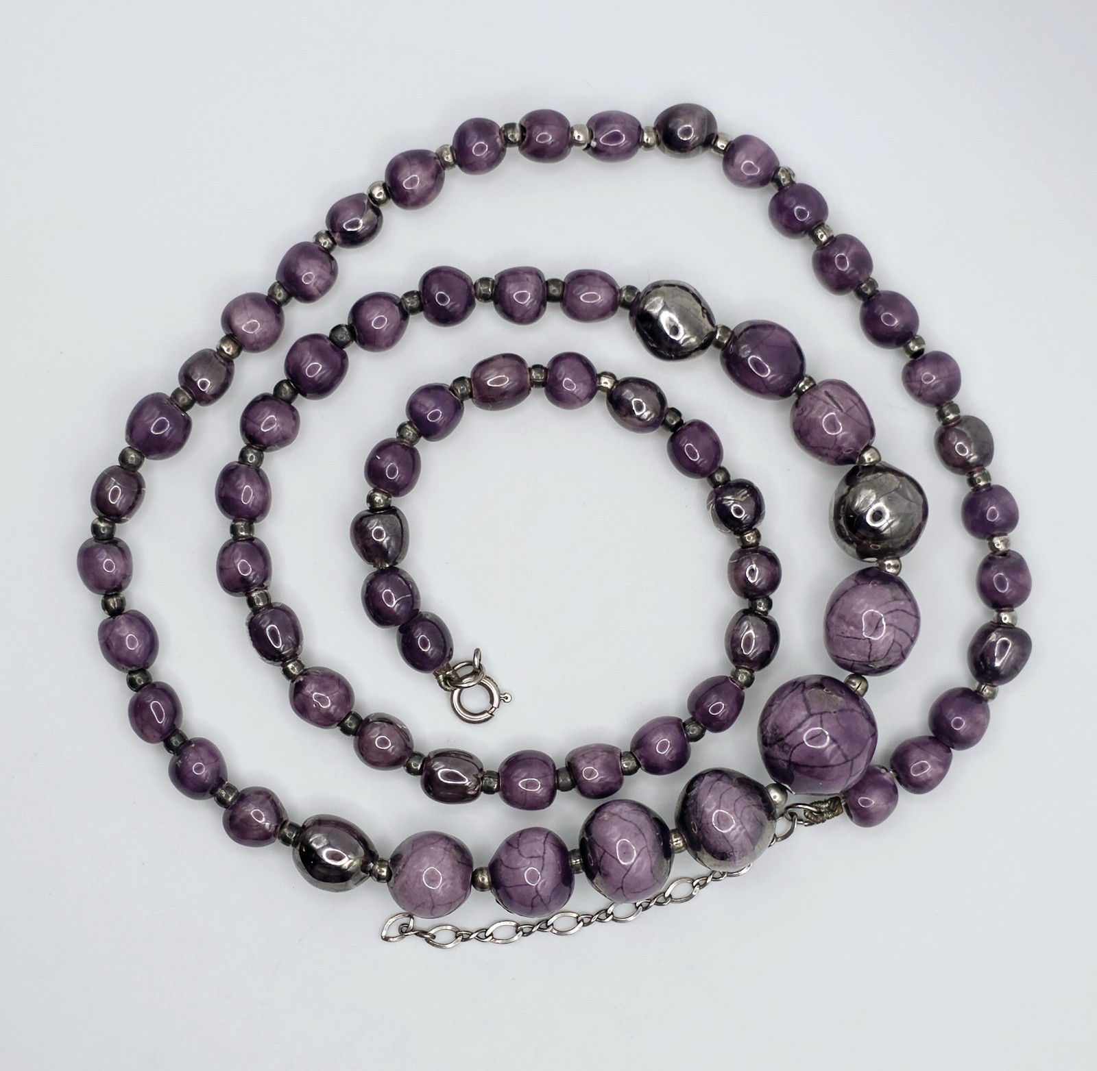 Vintage Sterling Silver Purple Ceramic Beaded Necklace 30″ Long Metallic