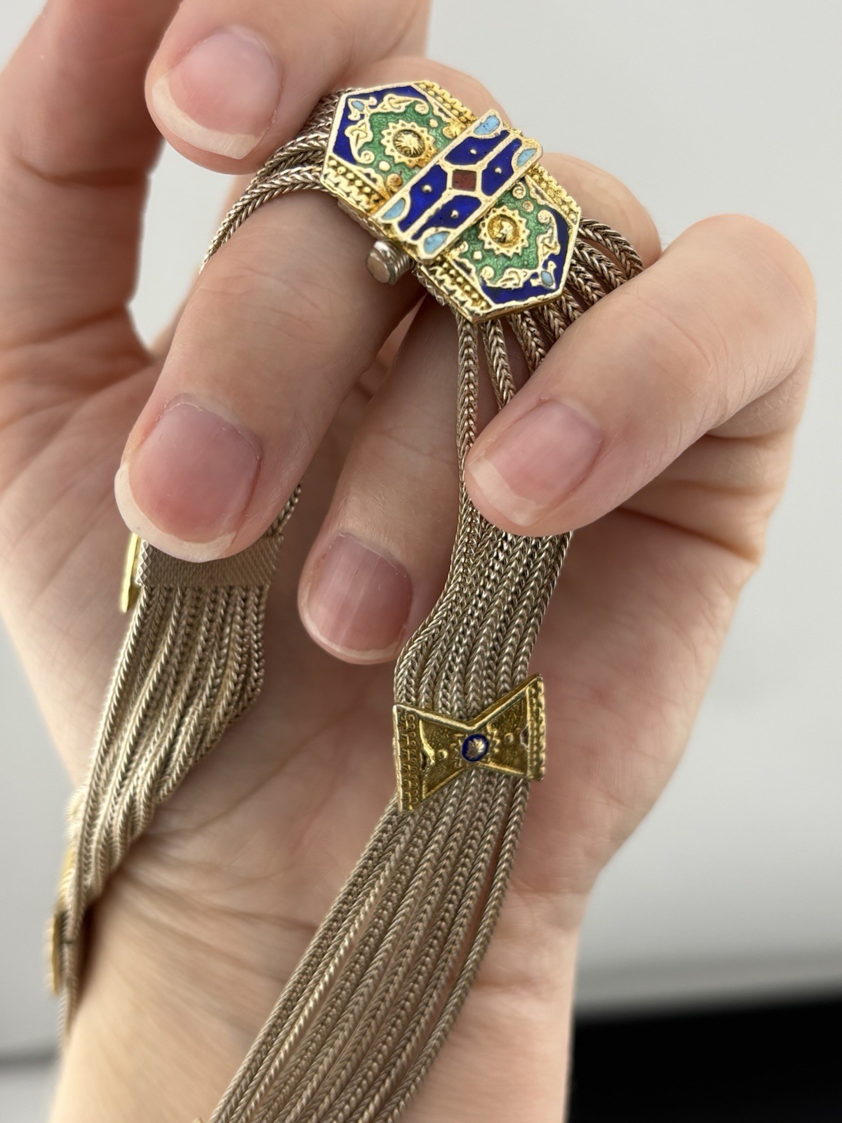 Vtg Anatoli Sterling Silver Enamel Necklace Gold Vermeil Station Pendants 17″