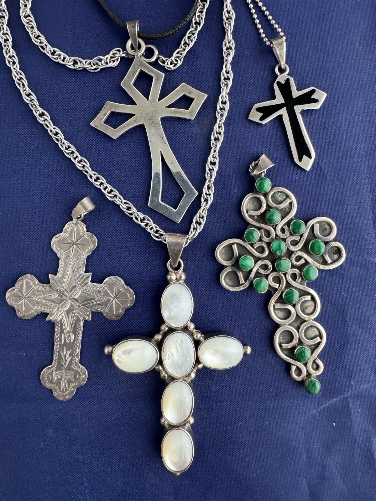 Vintage Sterling Silver Cross Necklace Pendant Lot Mexico MOP Malachite 90 Grams