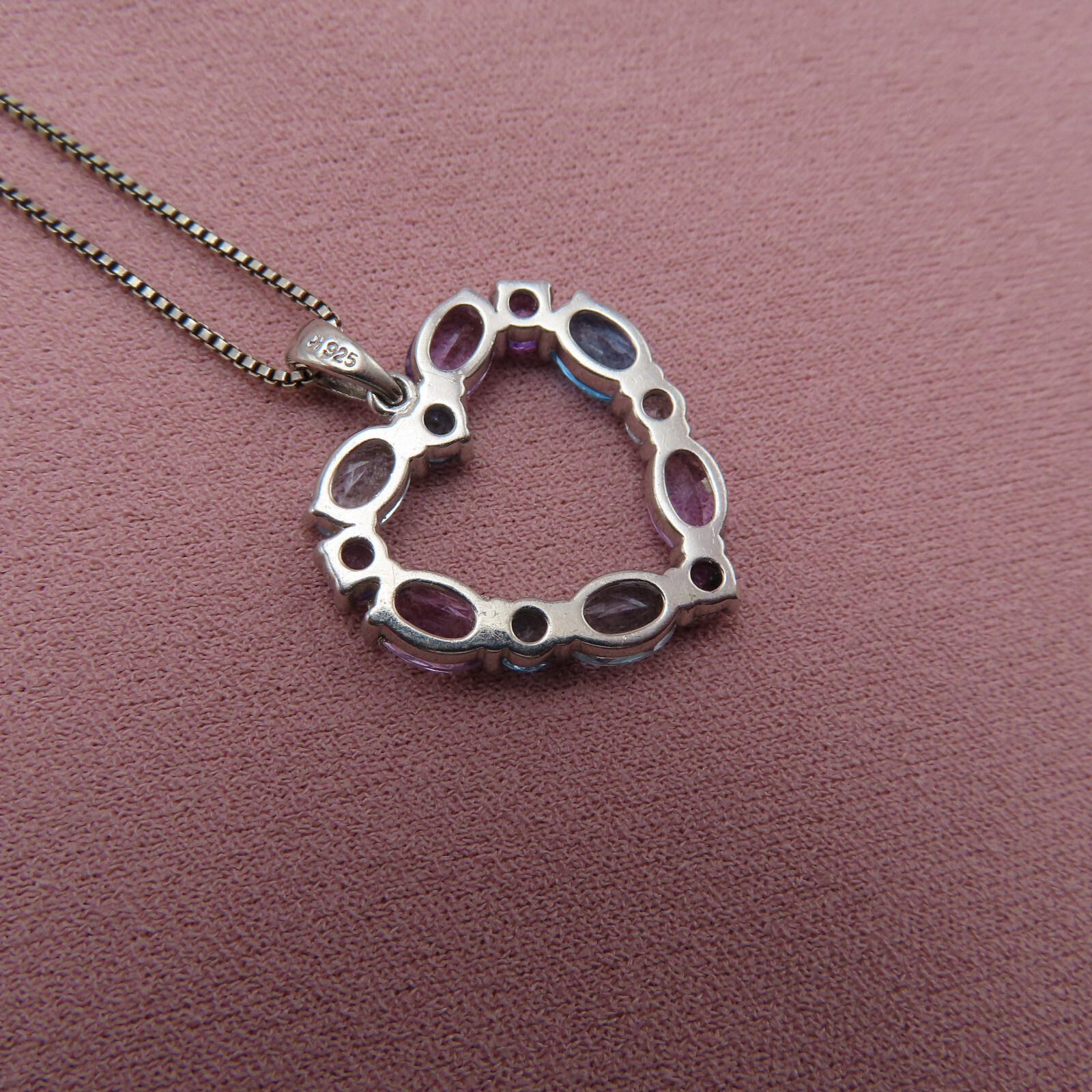 Vintage Sterling Silver Necklace Heart Pendant Purple Blue Topaz Gemstones 313c