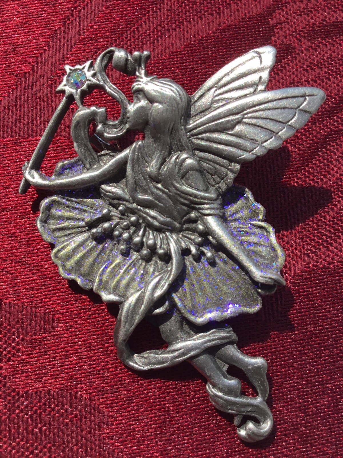 JJ Jonette Pewter Fairy Brooch Whimsical Fantasy Purple Glitter Flower Dress