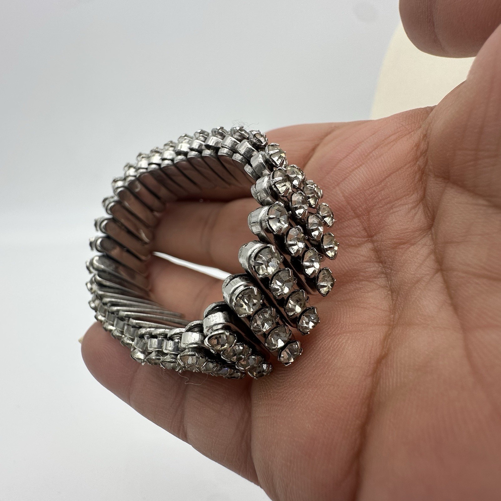 Vtg 40s Expansion Bracelet Accordion Silver Tone Rhinestone Sweetheart Style